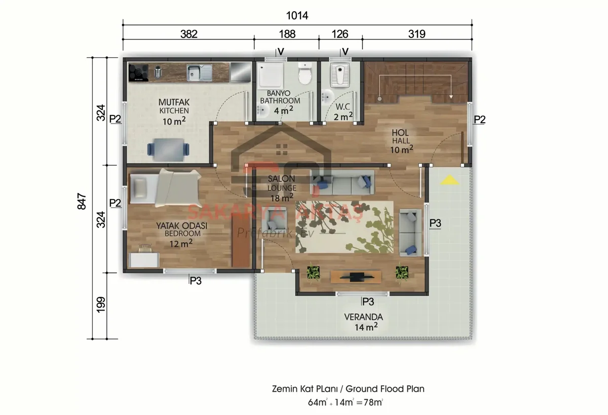 4+1 Çift Katlı Prefabrik Ev 142 m² kat planı