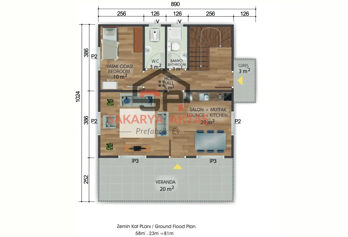 4+1 Çift Katlı Prefabrik Ev 149 m² kat planı