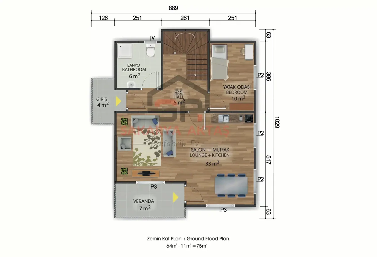 4+1 Çift Katlı Prefabrik Ev 150 m² kat planı