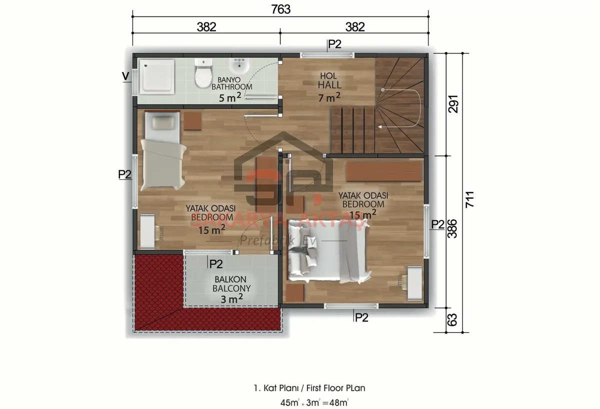 2+1 Çift Katlı Prefabrik Ev 100 m² — Kat Planı 2 - 1. Kat