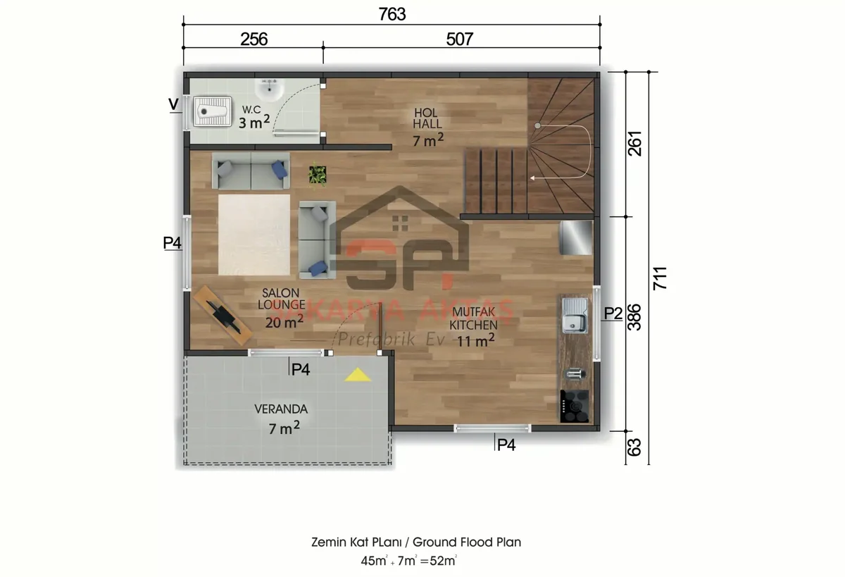 2+1 Çift Katlı Prefabrik Ev 100 m² kat planı
