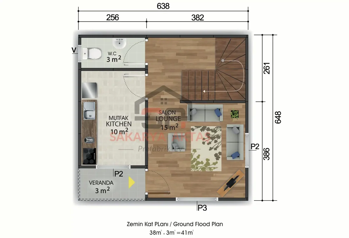 2+1 Çift Katlı Prefabrik Ev 82 m² kat planı