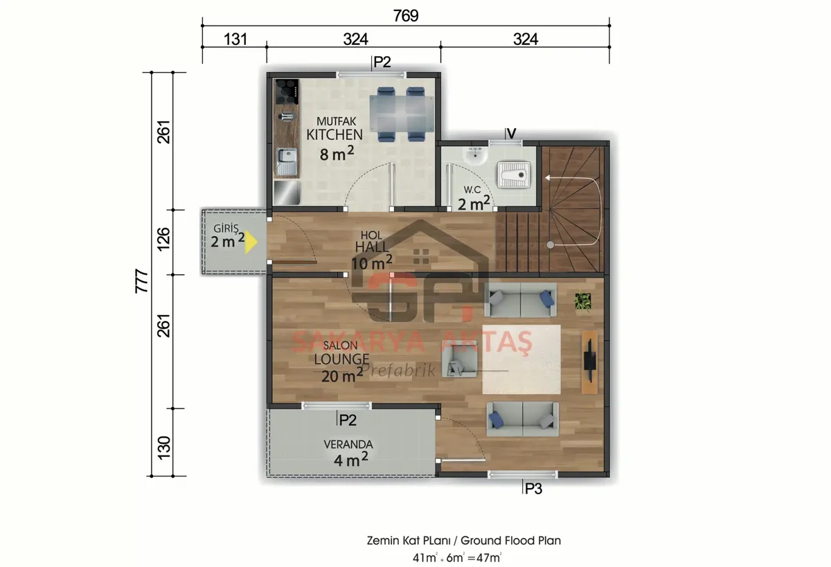 2+1 Çift Katlı Prefabrik Ev 92 m² kat planı