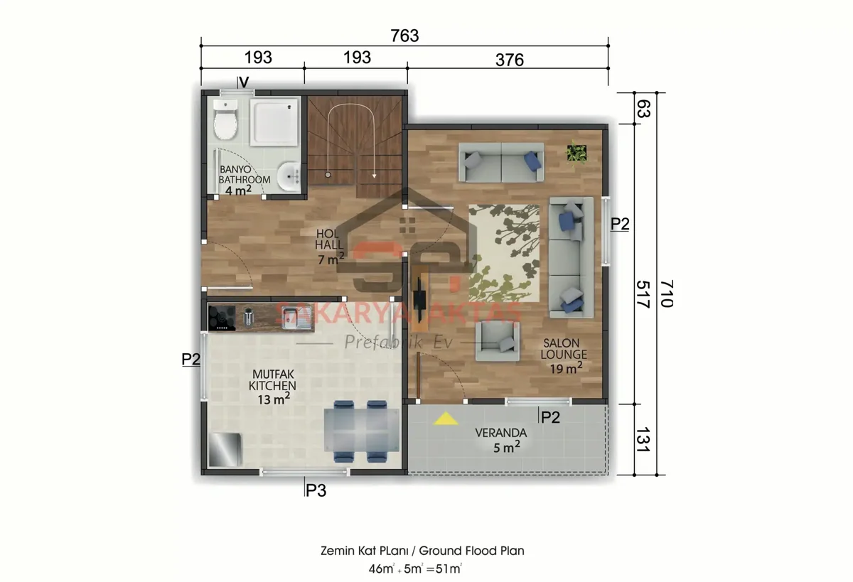 3+1 Çift Katlı Prefabrik Ev 105 m² kat planı