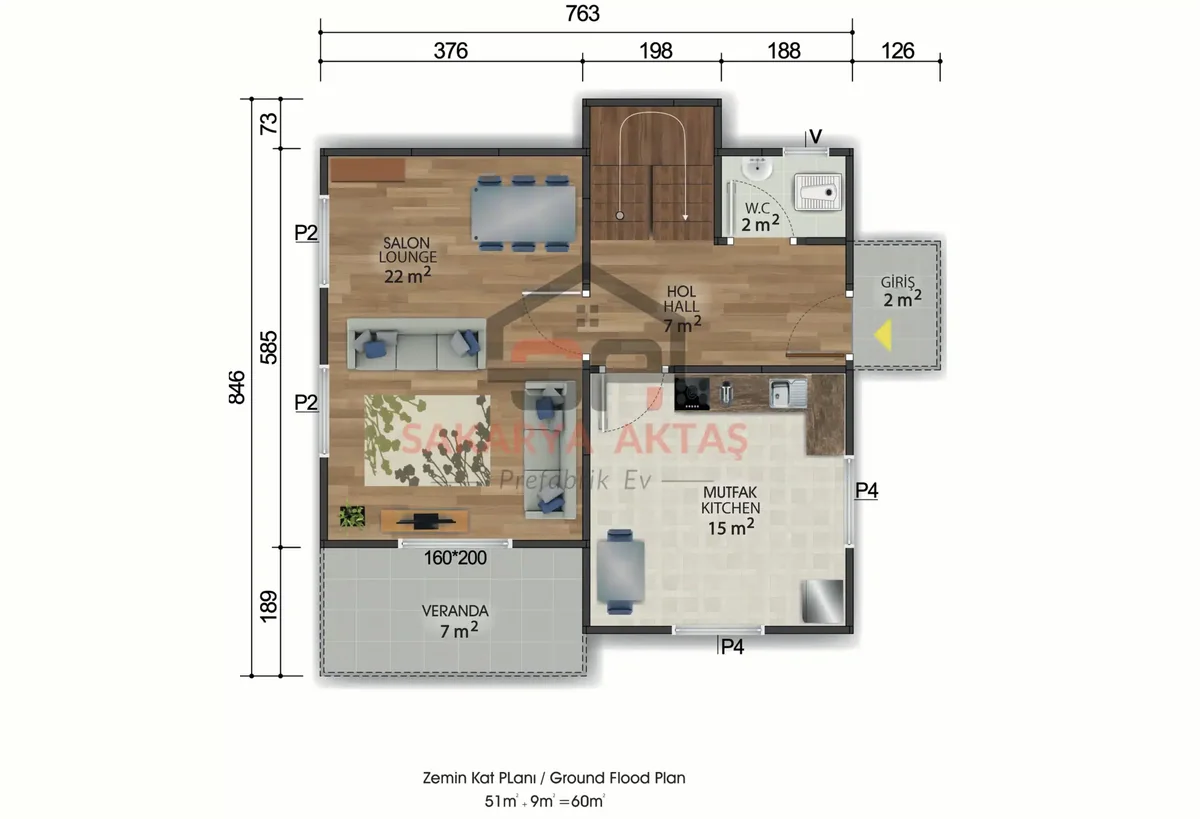 3+1 Çift Katlı Prefabrik Ev 118 m² kat planı
