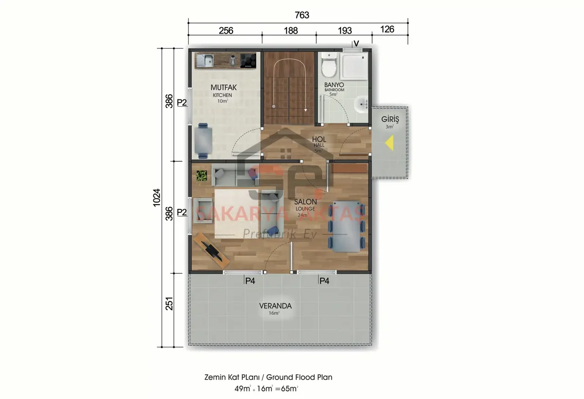 3+1 Çift Katlı Prefabrik Ev 122 m² kat planı