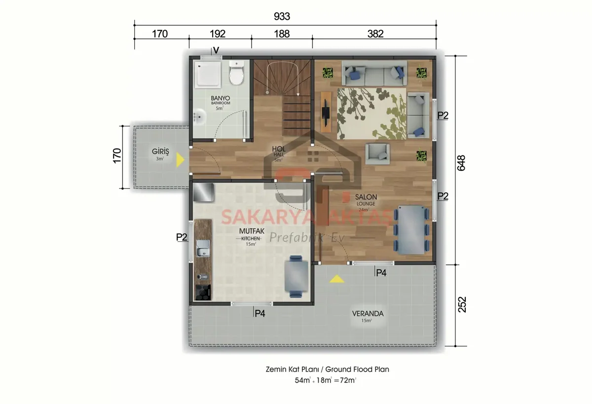 3+1 Çift Katlı Prefabrik Ev 131 m² kat planı