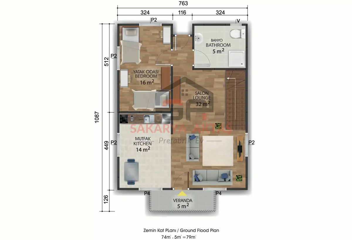 3+1 Çift Katlı Prefabrik Ev 134 m² kat planı