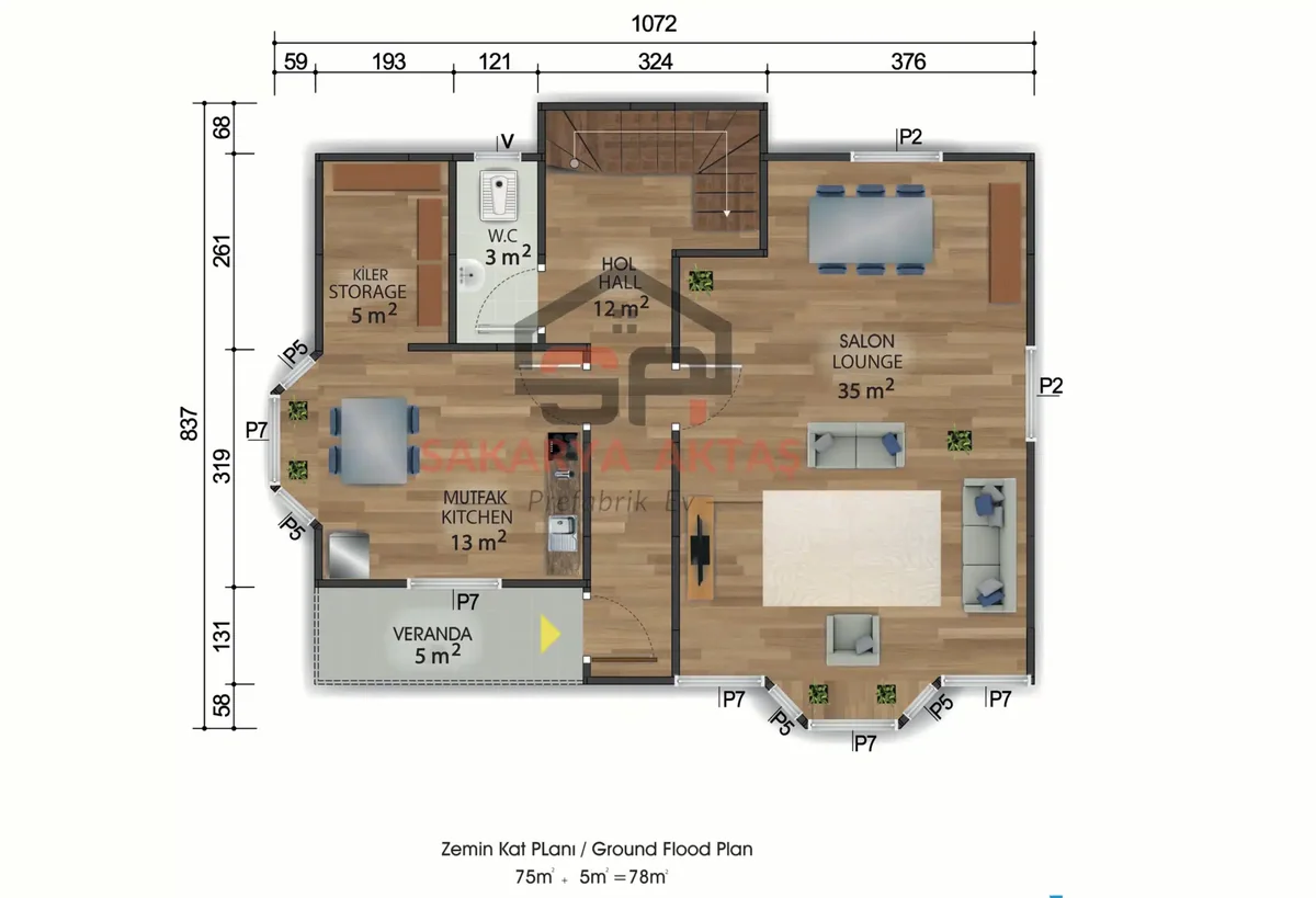 3+1 Çift Katlı Prefabrik Ev 155 m² kat planı