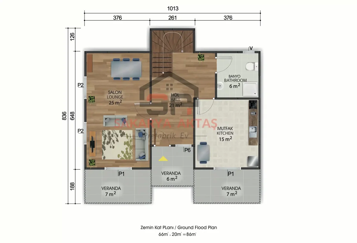 4+1 Çift Katlı Prefabrik Ev 158 m² kat planı