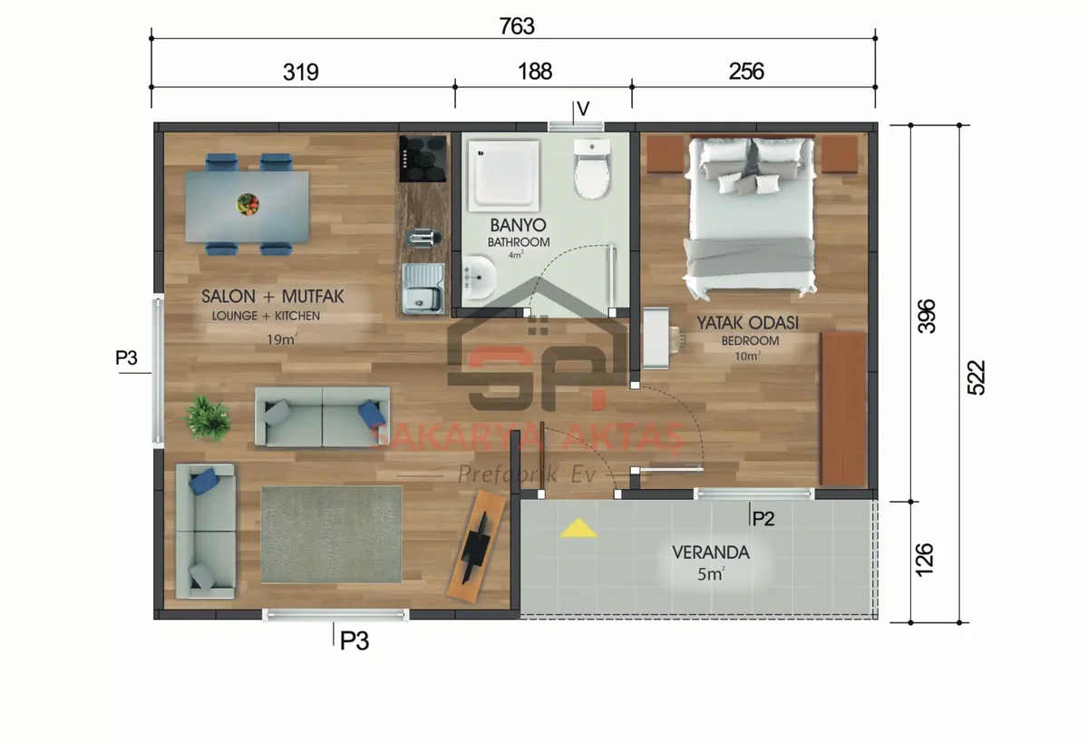 1+1 Tek Katlı Prefabrik Ev 40 m² kat planı