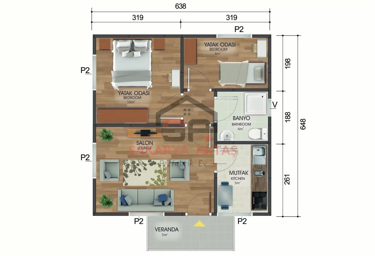 2+1 Tek Katlı Prefabrik Ev 45 m² kat planı