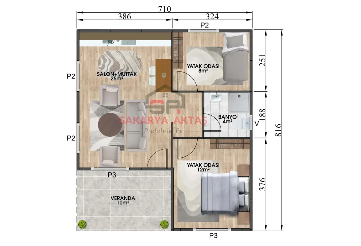 2+1 Tek Katlı Prefabrik Ev 49 m² kat planı