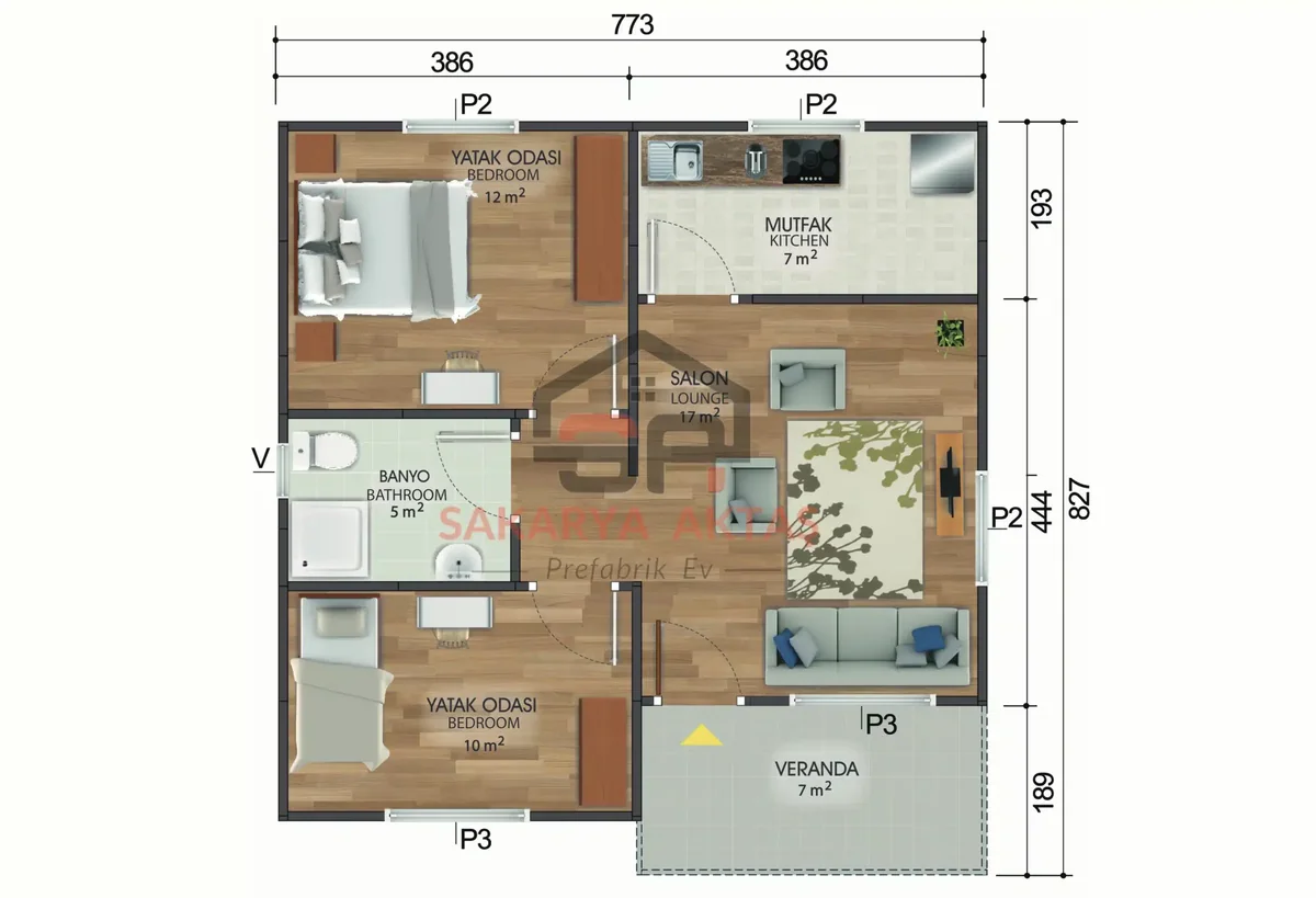 2+1 Tek Katlı Prefabrik Ev 62 m² kat planı