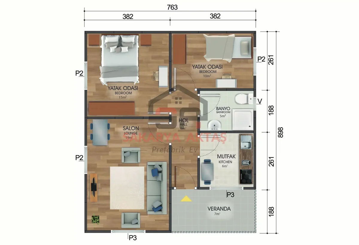 2+1 Tek Katlı Prefabrik Ev 68 m² kat planı