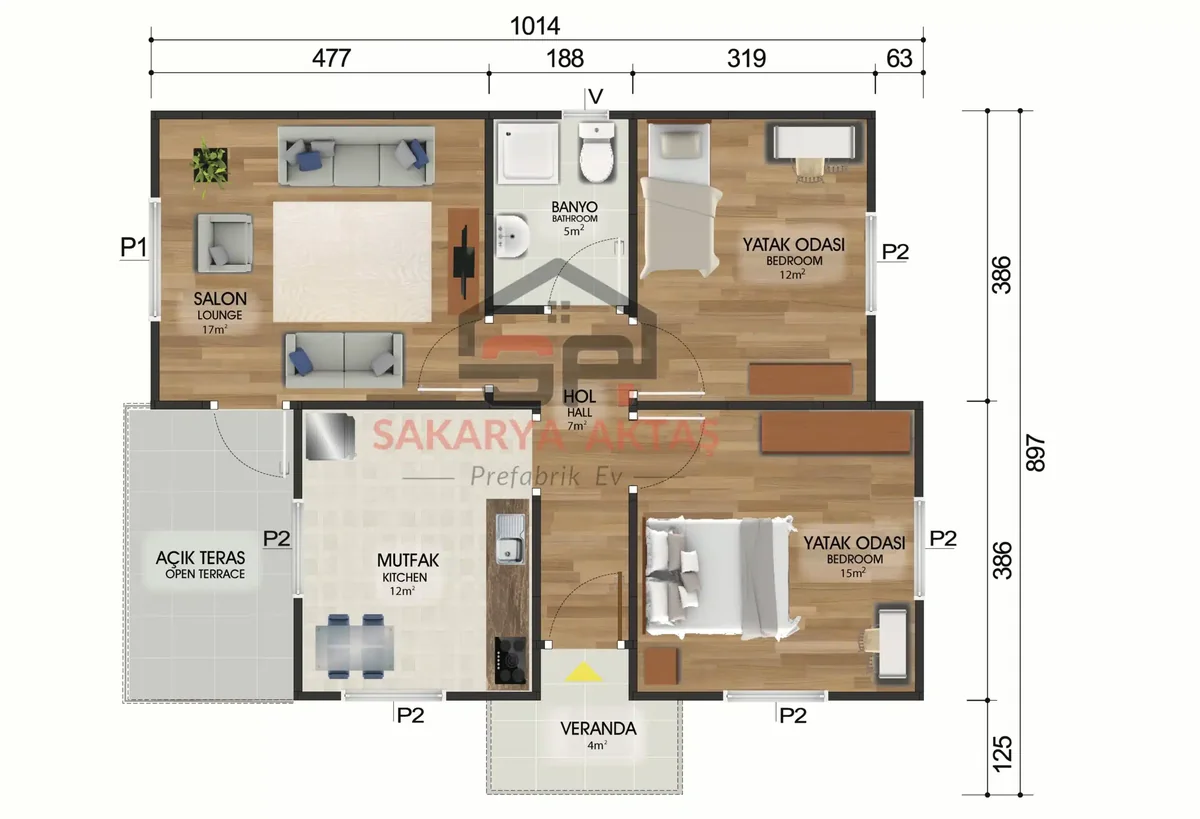 2+1 Tek Katlı Prefabrik Ev 72 m² kat planı