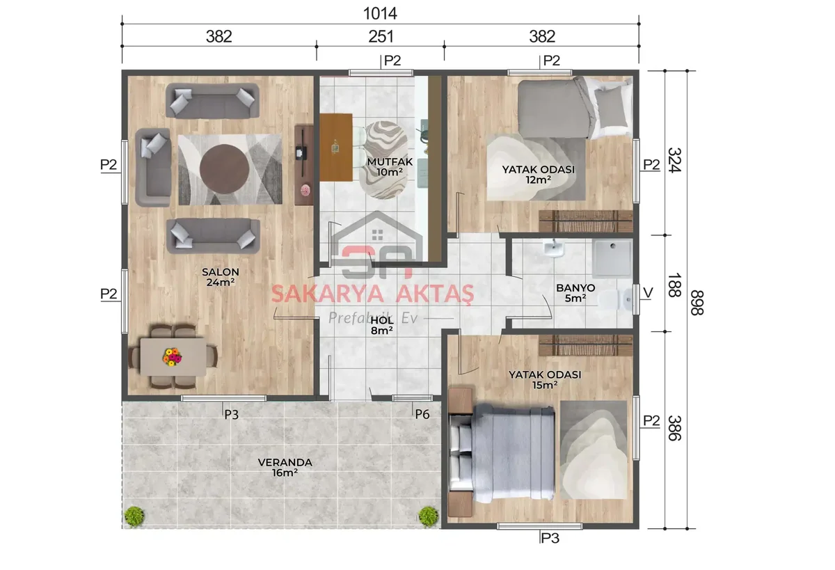 2+1 Tek Katlı Prefabrik Ev 75 m² kat planı