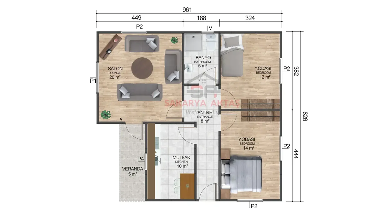2+1 Tek Katlı Prefabrik Ev 77 m² kat planı