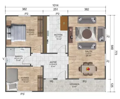 2+1 Tek Katlı Prefabrik Ev 78 m² kat planı