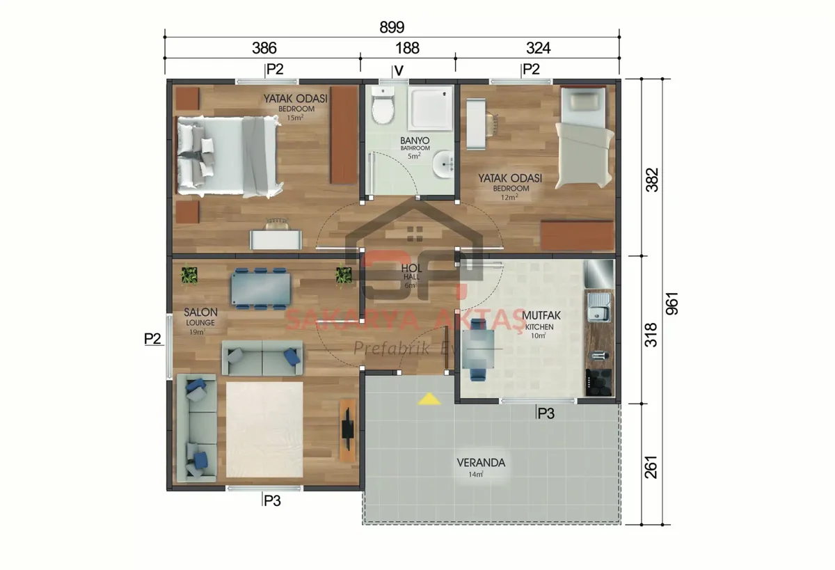 2+1 Tek Katlı Prefabrik Ev 84 m² kat planı