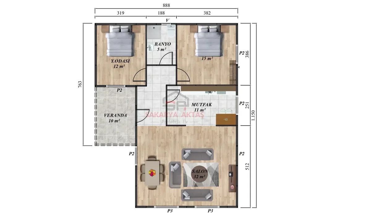 2+1 Tek Katlı Prefabrik Ev 93 m² kat planı