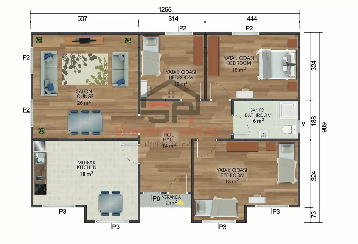 3+1 Tek Katlı Prefabrik Ev 112 m² kat planı