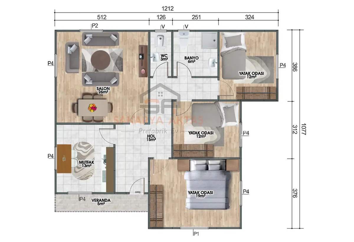 3+1 Tek Katlı Prefabrik Ev 113 m² kat planı
