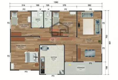 3+1 Tek Katlı Prefabrik Ev 122 m² kat planı