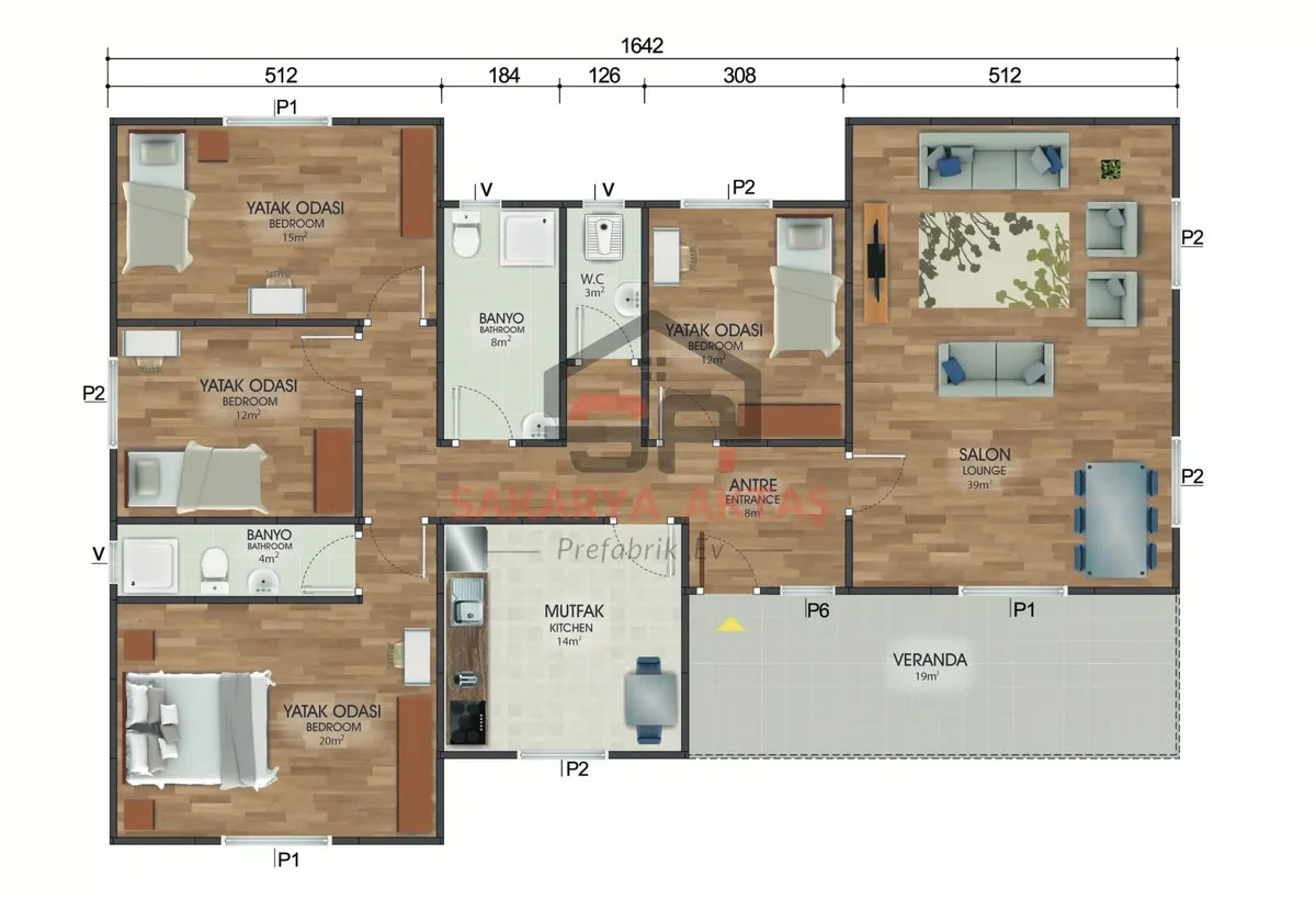 4+1 Tek Katlı Prefabrik Ev 166 m² kat planı