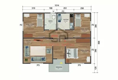 3+1 Tek Katlı Prefabrik Ev 82 m² kat planı