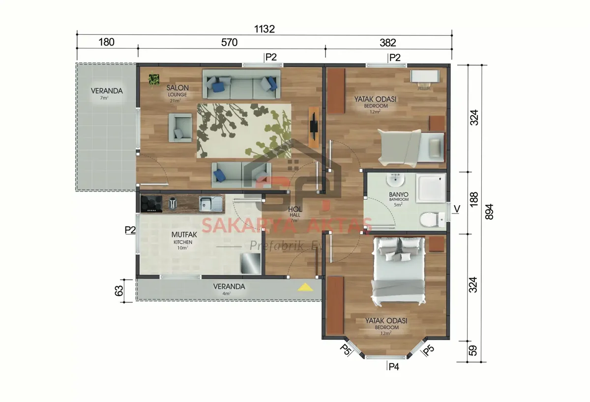 2+1 Tek Katlı Prefabrik Ev 81 m² kat planı