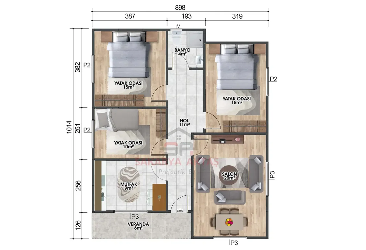 3+1 Tek Katlı Prefabrik Ev 86 m² kat planı