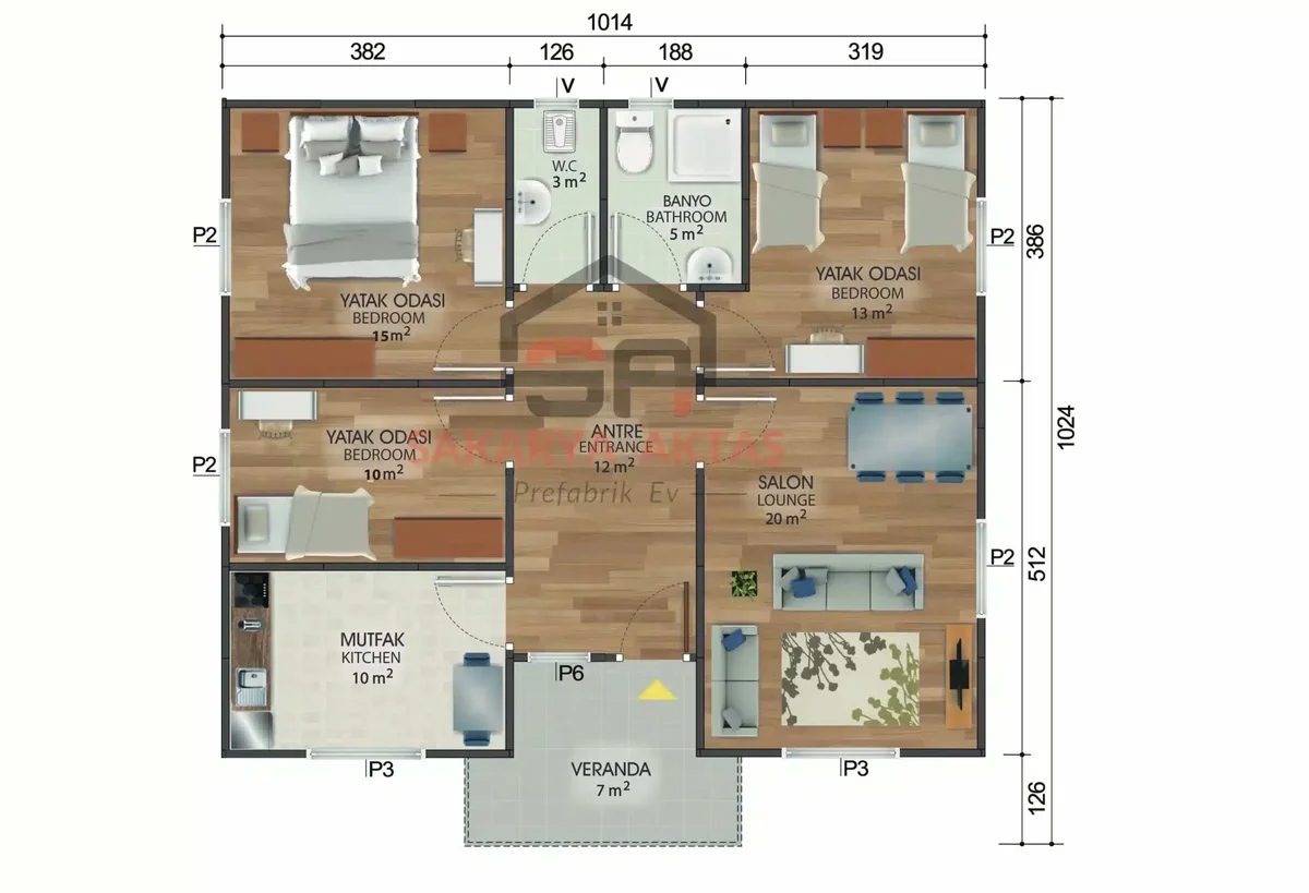 3+1 Tek Katlı Prefabrik Ev 95 m² kat planı