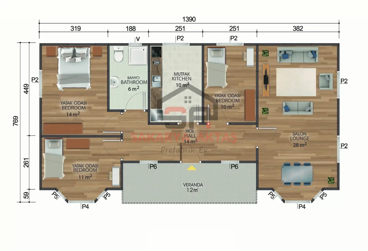 3+1 Tek Katlı Prefabrik Ev 98 m² kat planı