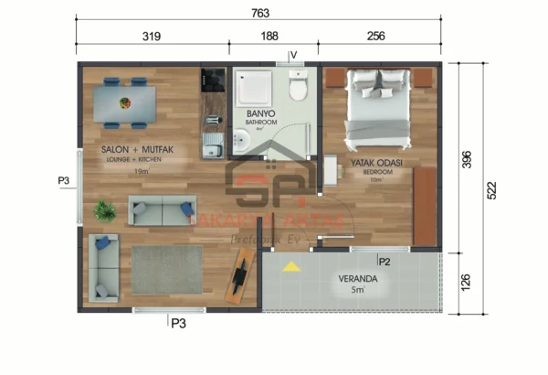 tek katlı Prefabrik ev 40m2 PLAN