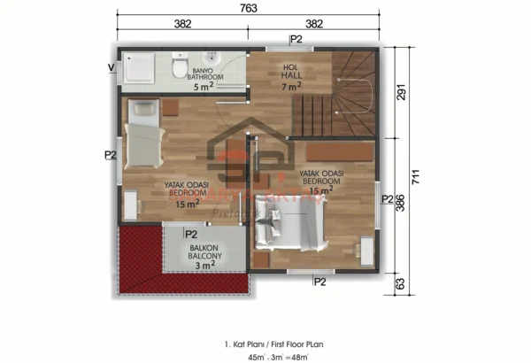 Çift Katlı Prefabrik Ev 100m2 PLAN (1)