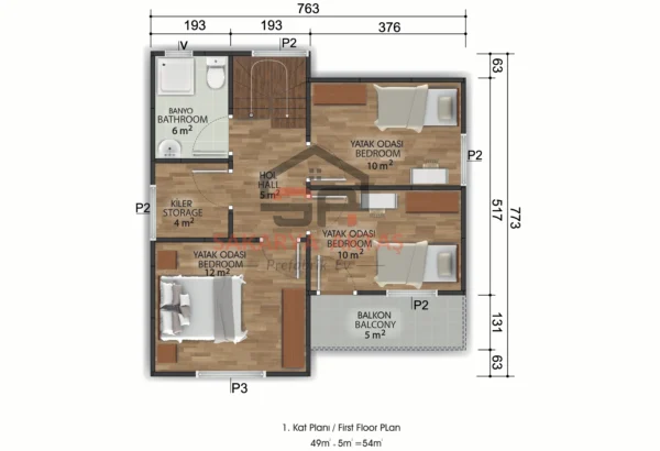 Çift Katlı Prefabrik Ev 105m2 PLAN (1)