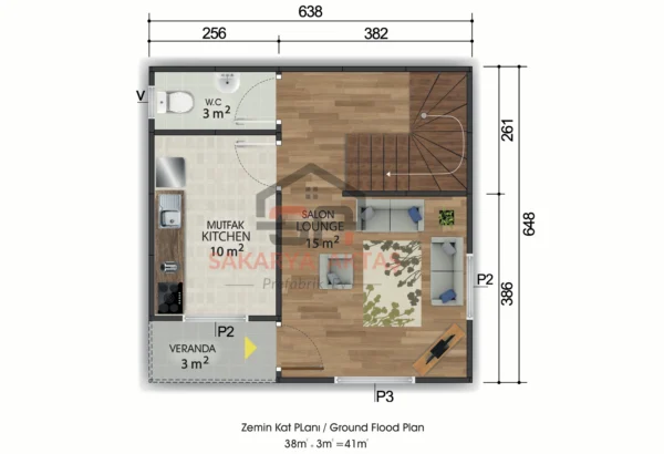 Çift Katlı Prefabrik Ev 82m2-ZEMİN KAT PLAN