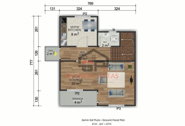 Çift Katlı Prefabrik Ev 92m2-PLAN