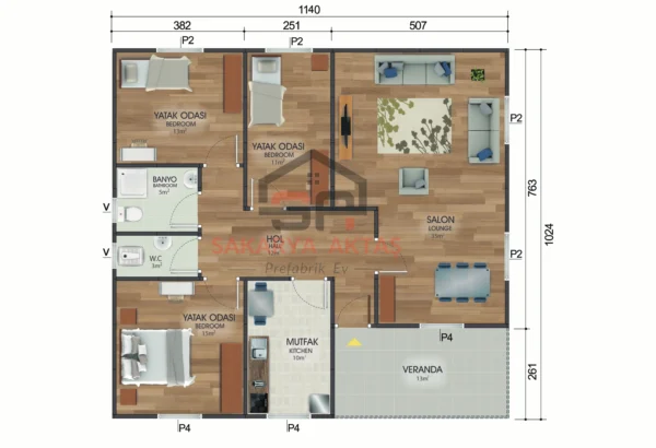 tek katlı prefabrik ev 117 m2 plan