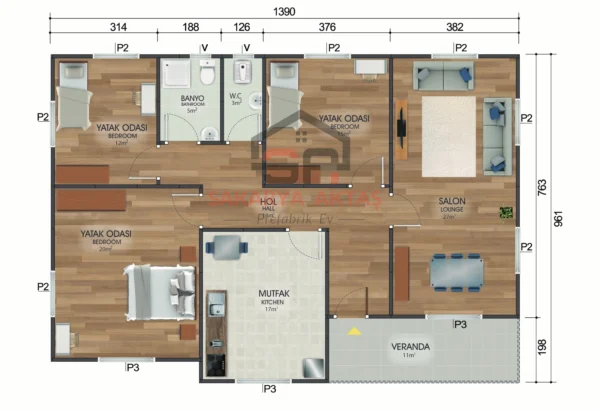 tek katlı prefabrik ev 122 m2 plan