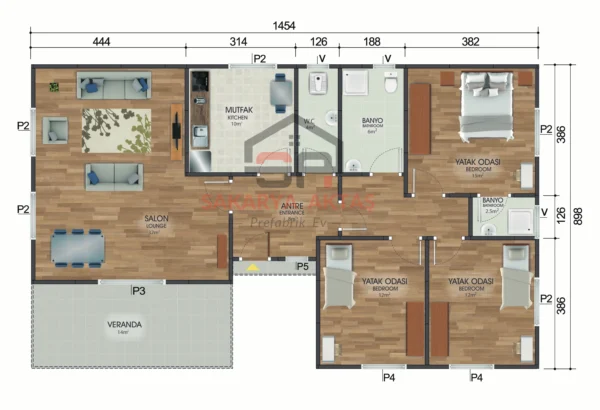 tek katlı prefabrik ev 123 m2 plan