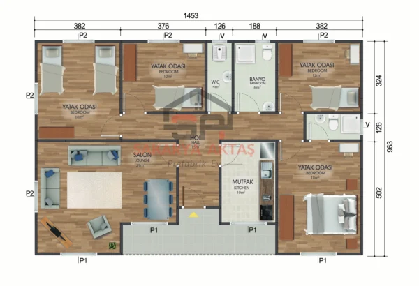 tek katlı prefabrik ev 129 m2 plan