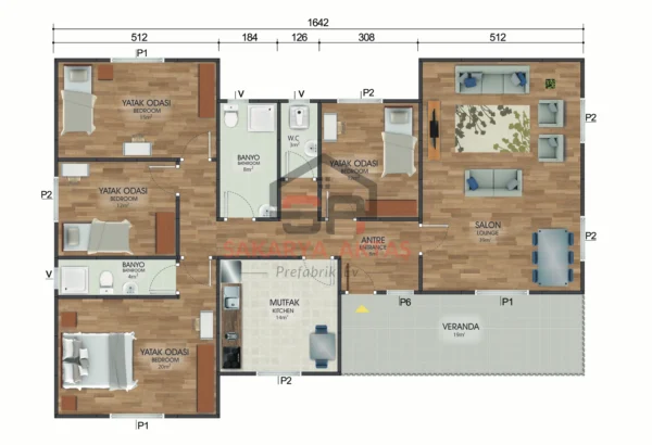 tek katlı prefabrik ev 166 m2 plan