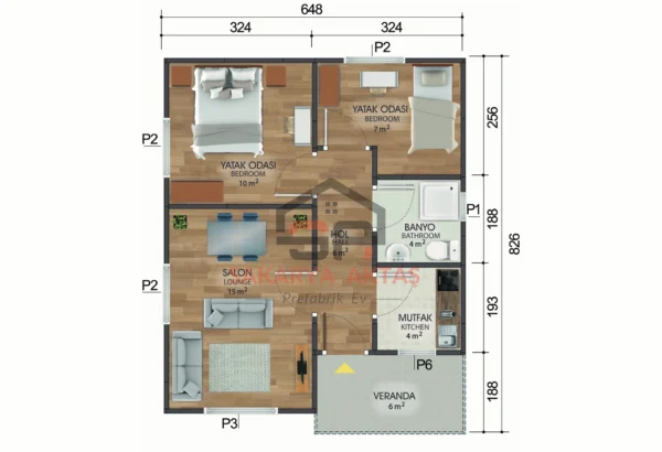 tek katlı prefabrik ev 53 m2 plan