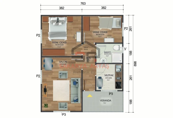 tek katlı prefabrik ev 68 m2 plan