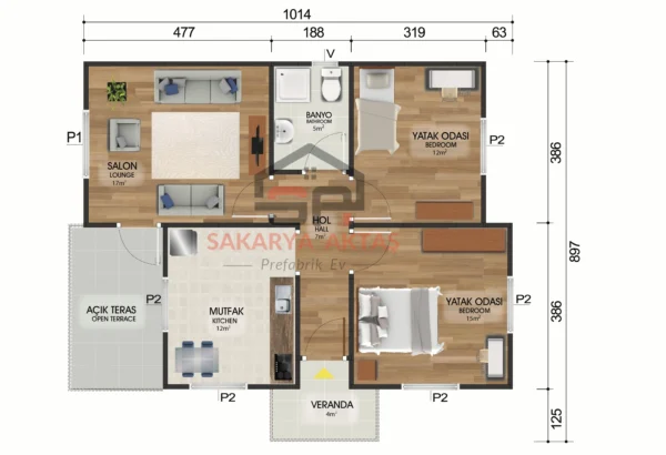 tek katlı prefabrik ev 72 m2 plan