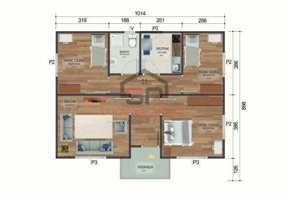 tek katlı prefabrik ev 81 m2 plan