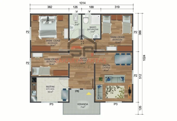 tek katlı prefabrik ev 95 m2 plan